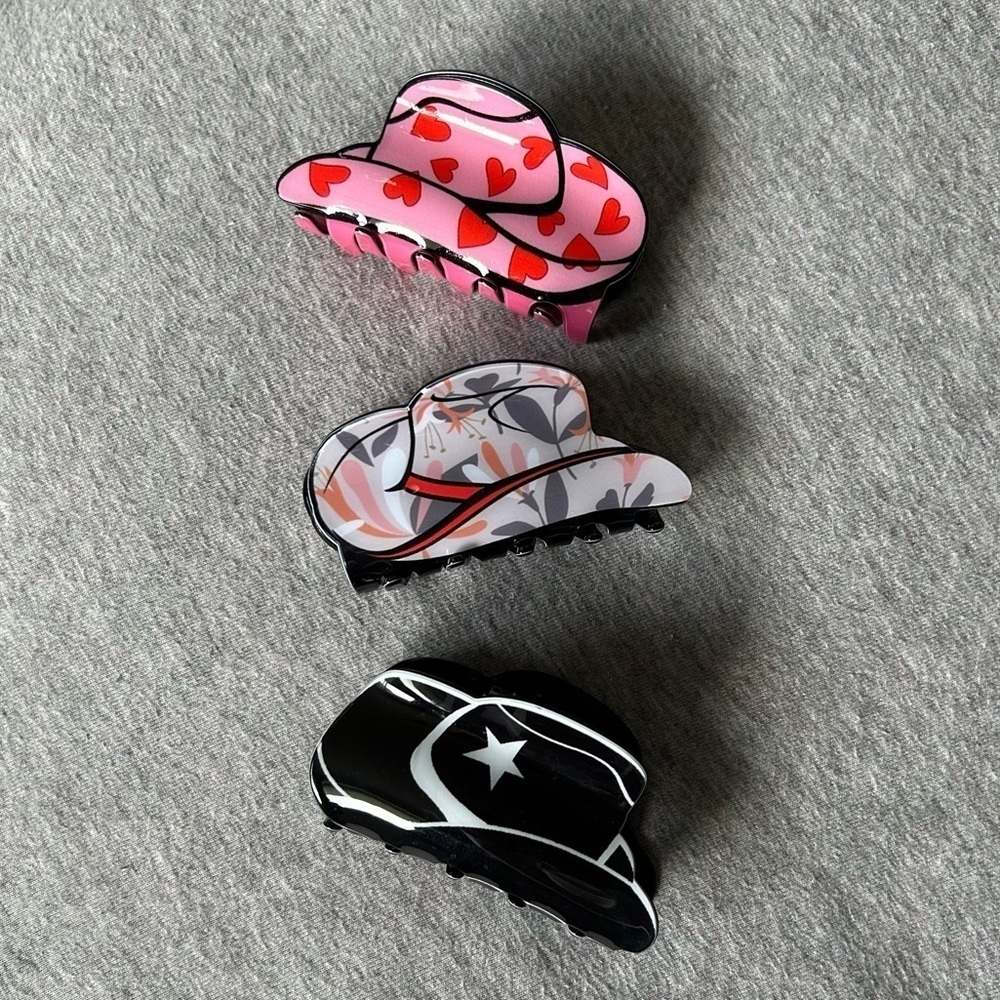 NEW Western Cowboy Hat Hair Claw Clips (Glazed Mauve, Black & Pink Heart) (3pcs) - Picture 3 of 3